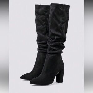 Black Suede Slouch Knee-High Block Heel Boots